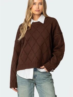 Edikted Chocolate Brown Diamond Cable Crew Sweater